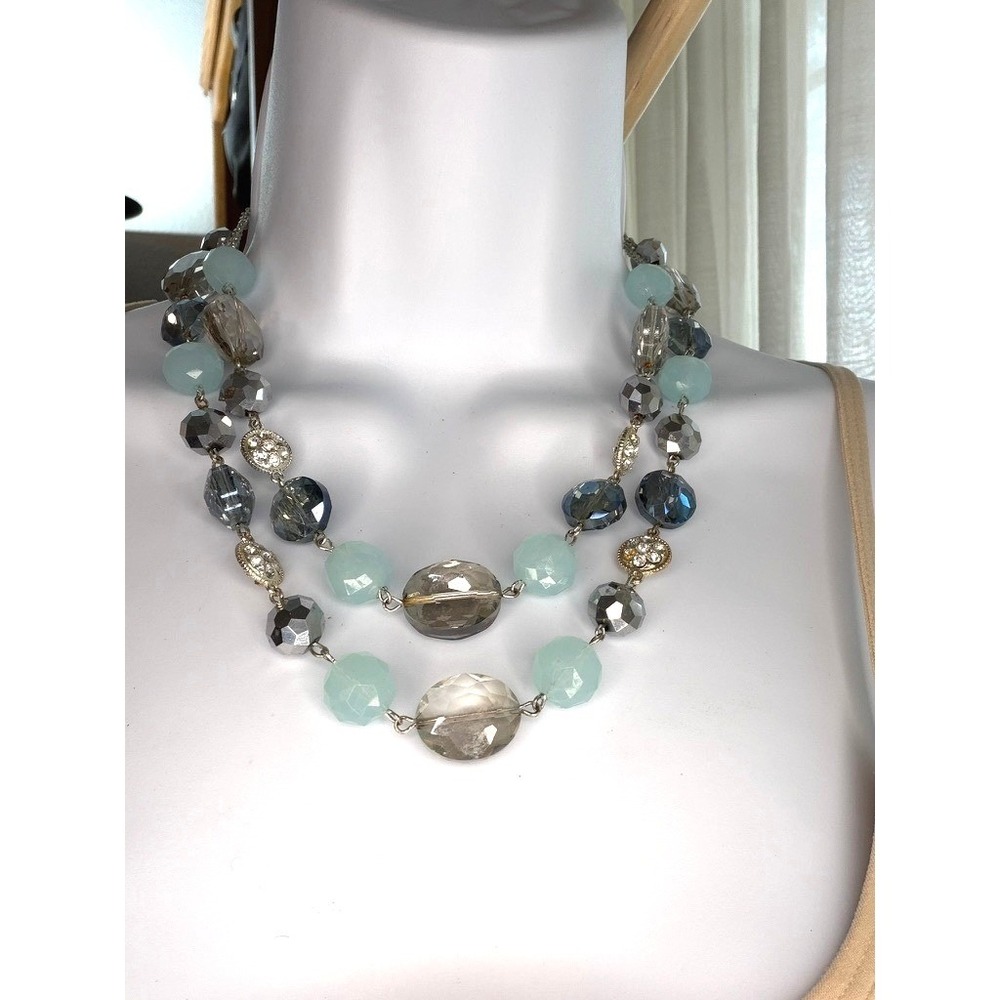 Trifari Multi Strand Necklace Women Blue Grey Beaded Rhinestone Statement